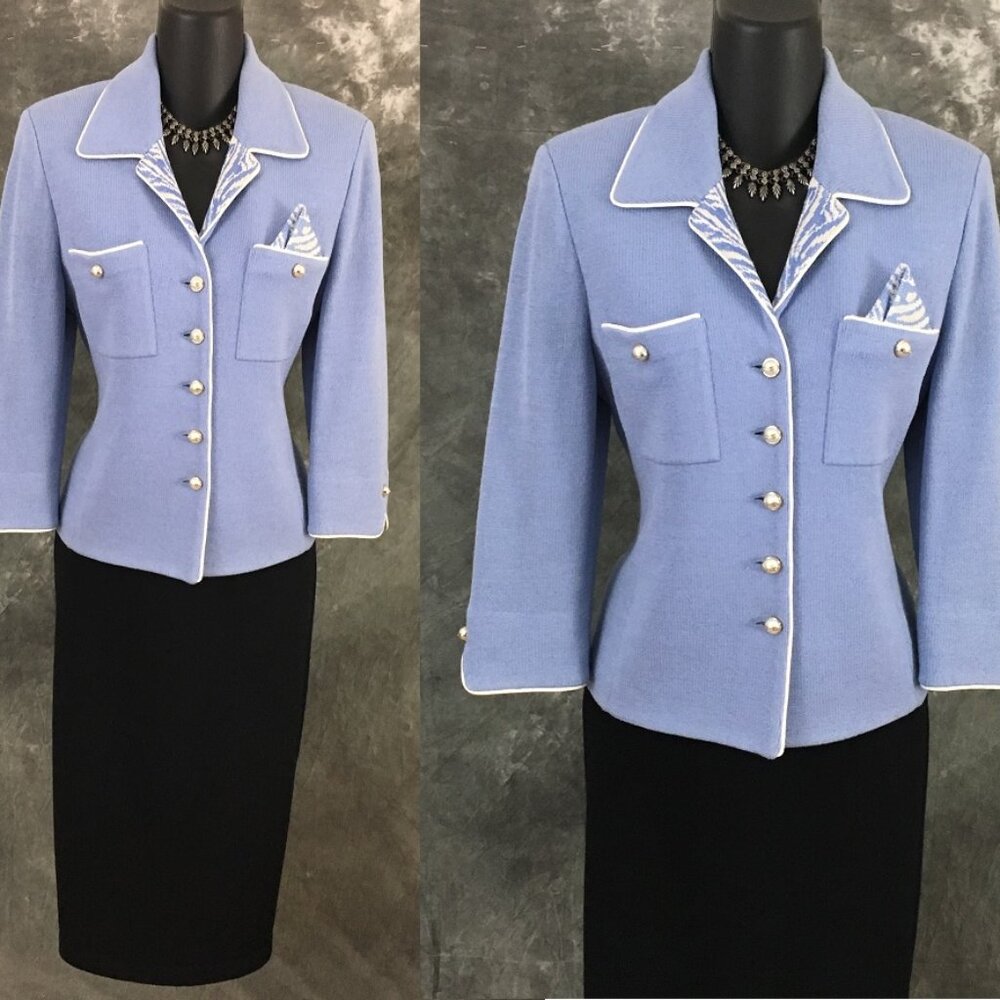 BEAUTIFUL St John collection jacket knit blue White pearl suit blazer size 2